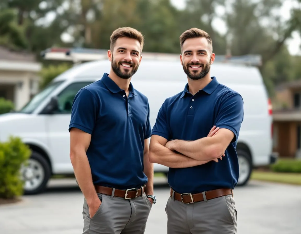 Two plumbing technicians in plain navy polo shirts standing together in a driveway beside an unmarked white service van, one holding a clipboard