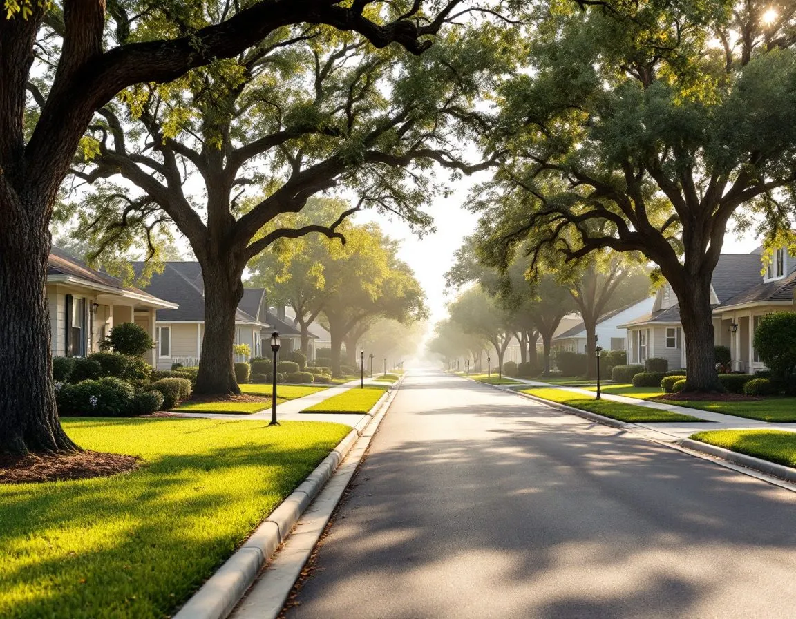 A quiet suburban street lined with single-story ranch homes, manicured lawns and mature oak trees in soft morning light