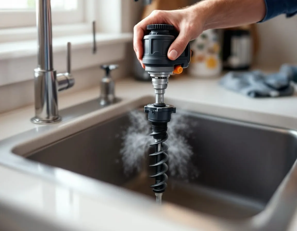 A plumber's gloved hand feeding a drain-cleaning auger cable into a kitchen sink drain, tidy counter in the background