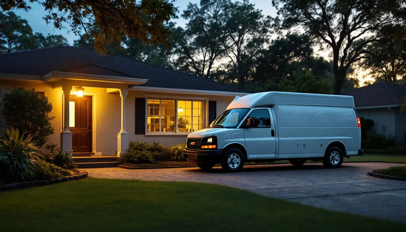 An unmarked white service van parked in a driveway just before sunrise, a porch light still on beside the front door of a single-story home