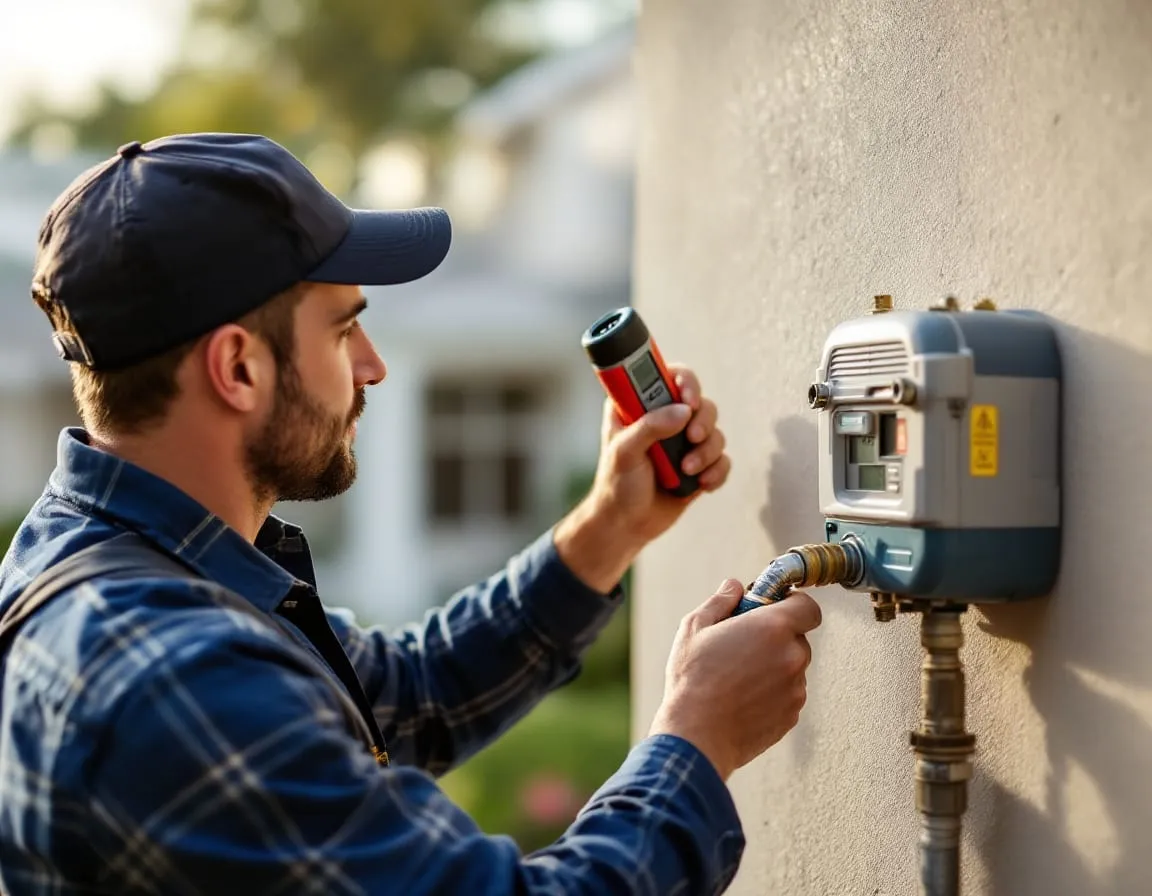 A plumber tightening a gas line fitting at an exterior wall-mounted gas meter, a handheld leak detector held nearby