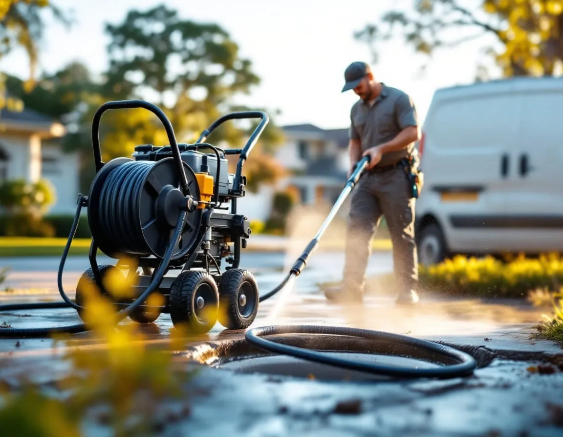 A plumber operating a hydro-jetting hose reel at a driveway cleanout, light water mist visible, an unmarked white van parked behind