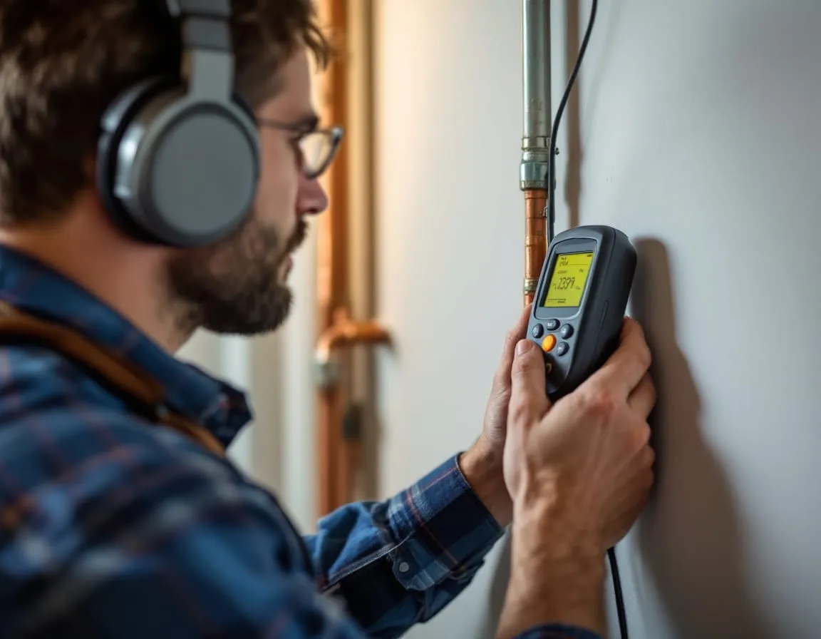 A plumber holding an electronic leak-detection listening device against an exposed copper pipe, headphones around the neck