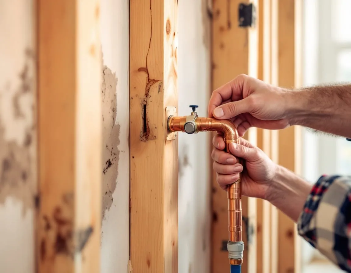 A close view of newly installed copper repiping along exposed wall studs, a plumber's hand adjusting a pipe fitting