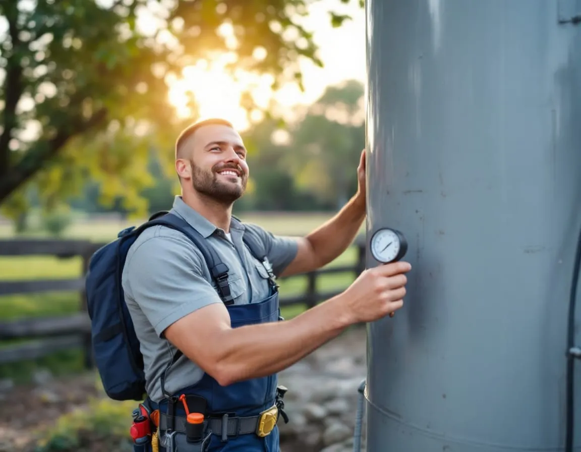 A plumber checking a pressure gauge on a tall cylindrical well-pump pressure tank in an outdoor utility area, a wood rail fence and open pasture behind
