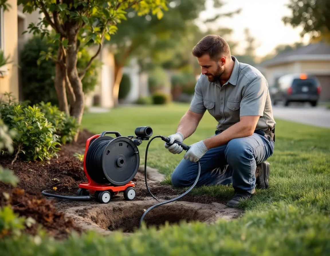 A plumber feeding a sewer inspection camera cable into an underground cleanout pipe in a side yard, the camera reel resting on a small cart beside him