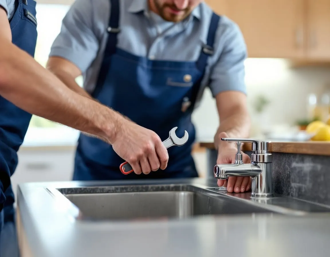 A plumber installing a chrome kitchen faucet at a sink with a basin wrench, tidy kitchen counter