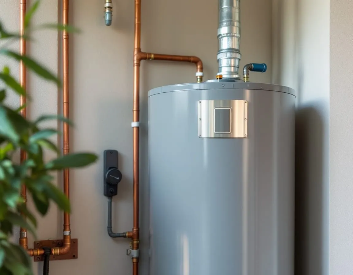 A plain tank-style water heater installed in a garage utility corner with copper supply lines and a shutoff valve