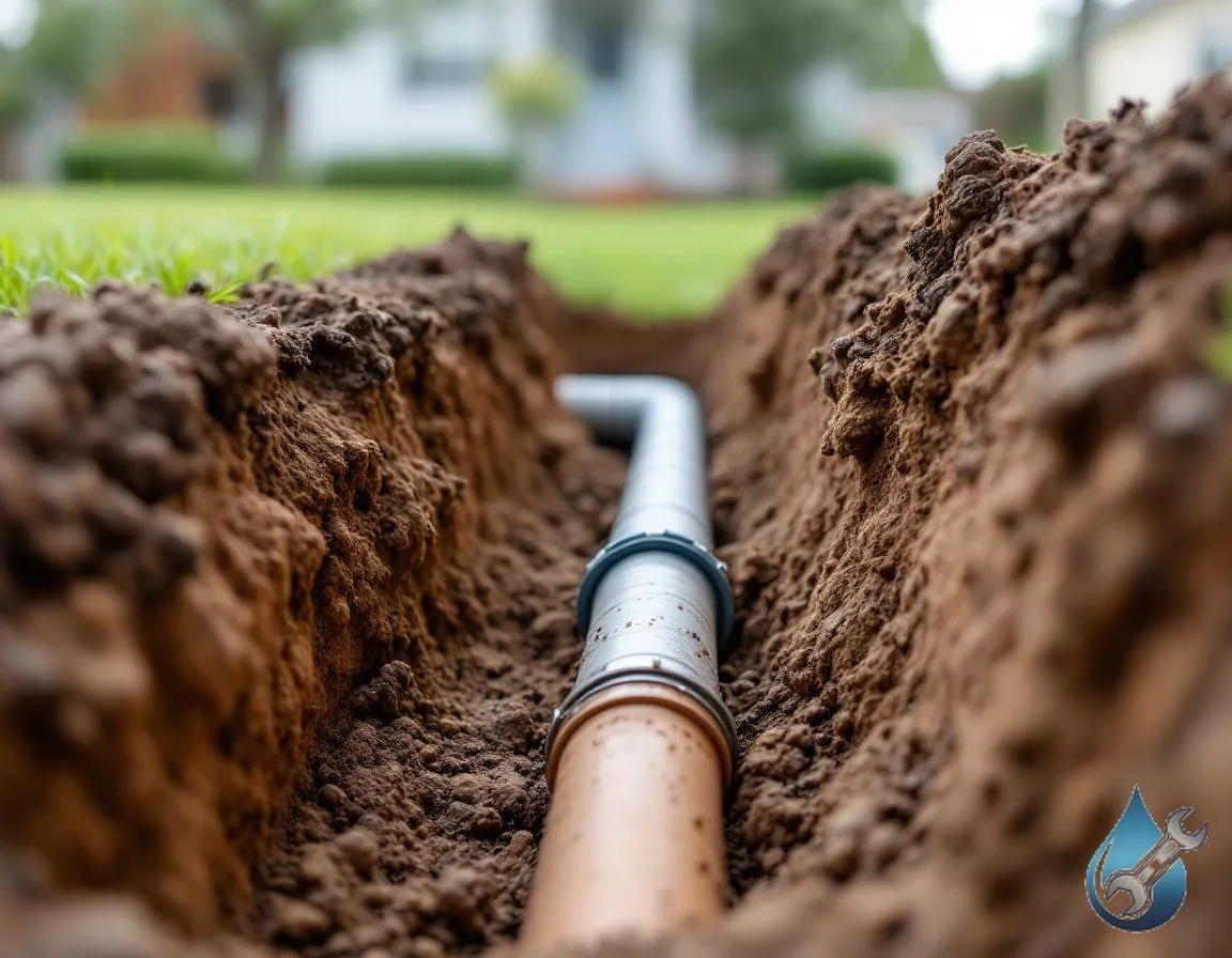 An open trench in a side yard showing a section of old cast iron pipe next to a newly installed replacement