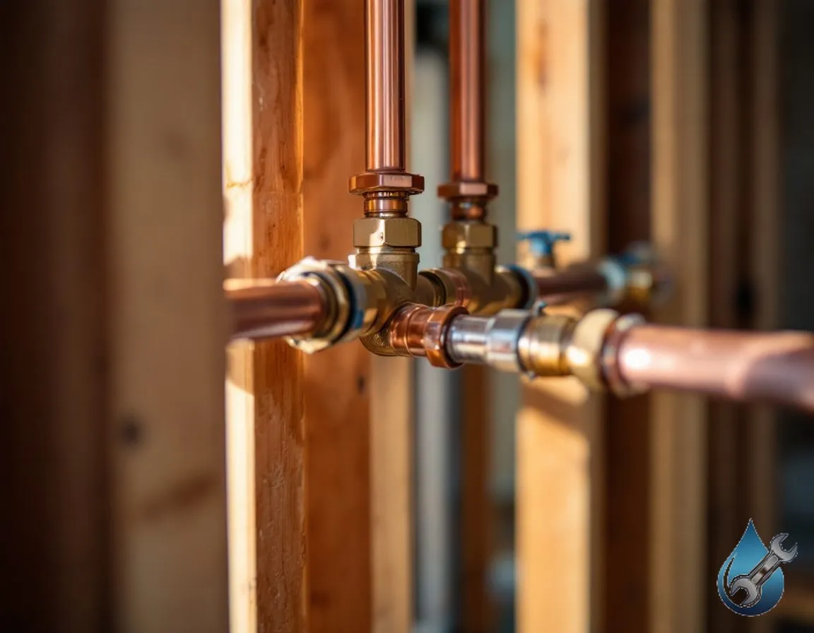 A close view of a newly installed copper repipe manifold with several soldered joints
