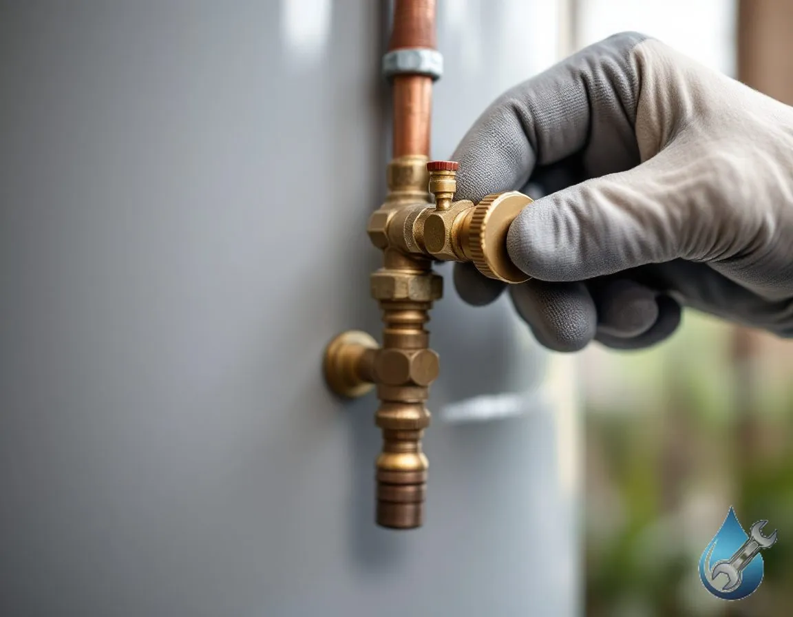 A close view of a plumber’s hand checking a water heater’s pressure relief valve and its discharge line