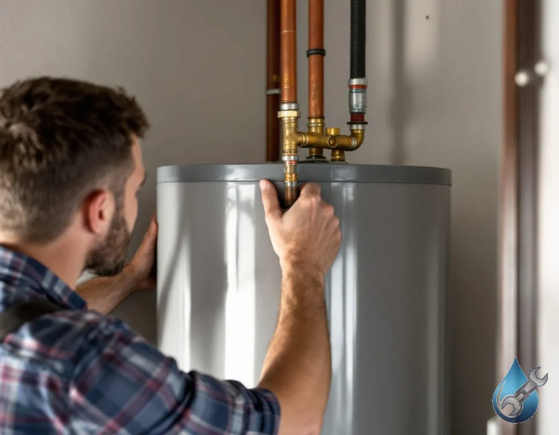 A tank-style water heater freshly set into a garage utility corner, copper supply lines not yet connected